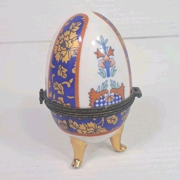 VTG Porcelain Blue Orange Gold Floral Hinged Footed Victorian Trinket Box 4" Egg - Picture 4 of 5